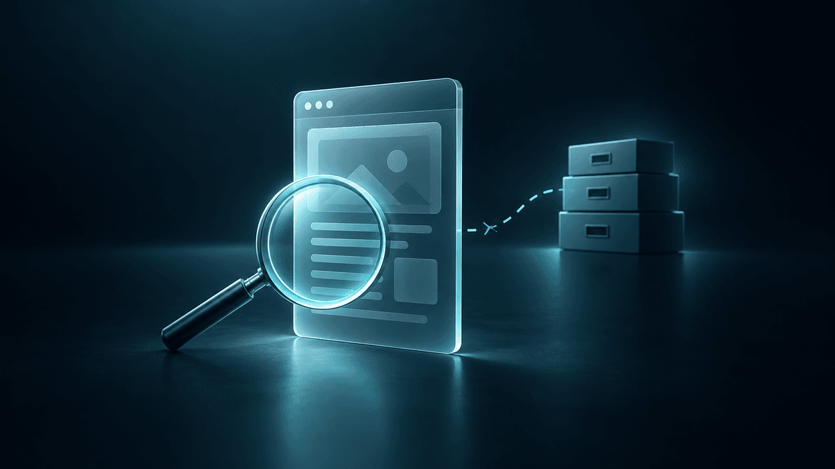 Leuchtende Lupe vor einer abstrakten Webseite mit unterbrochener Verbindung zu einem Archiv